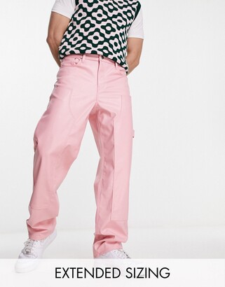 ASOS DESIGN baggy leather-look pants in pink with carpenter detail -  ShopStyle