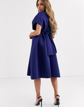 ASOS DESIGN fallen shoulder midi prom dress with tie detail in navy blue -  ShopStyle