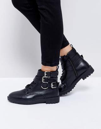 Helena Raid Black Multi Buckle Grunge Flat Ankle Boots