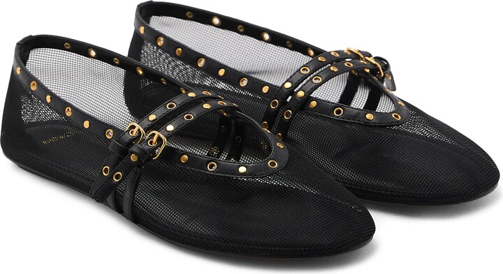 MANGO Studded Buckle Strap Mesh Ballet Flat