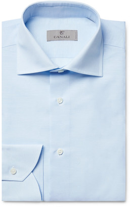 Canali Light-Blue Cutaway-Collar Slub Cotton And Linen-Blend Shirt