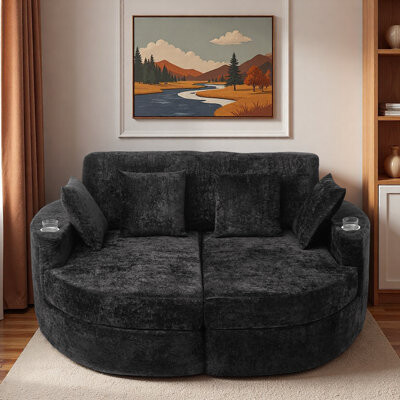 Full-compressed Curved Chaise Lounge Sofa With 4 Throw Pillows And 2 Cup Holders