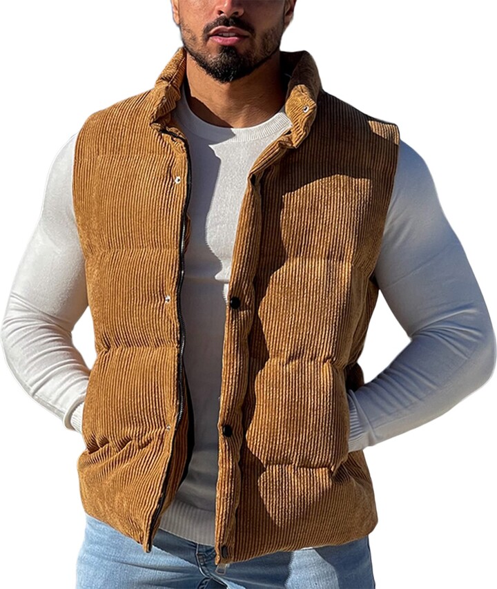 Fiona Jolin Men's Quilted Puffer Vest Corduroy Fall Winter Lightweight