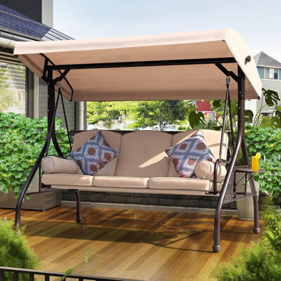 INKEDZ Patio Porch Swing, 3-Seat Outdoor Swing with Adjustable Canopy, Waterproof Fabric Cushion, Pillow and Foldable Side Tray for Patio, Backyard, Porch Sw