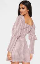 Thumbnail for your product : PrettyLittleThing Pink Check Square Neck Puff Sleeve Belted Shift Dress