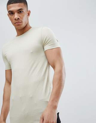 BEIGE Asos Design ASOS DESIGN muscle fit longline rib t-shirt with stretch and curved hem in