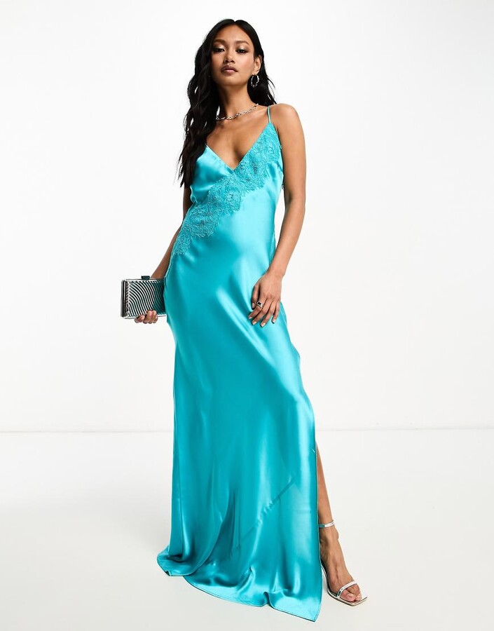 ASOS DESIGN satin cowl back cami maxi dress with lace applique in