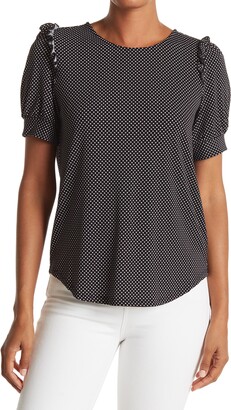 Adrianna Papell Scoop Neck Short Sleeve Dot Print Knit Moss Crepe Ruffle Top