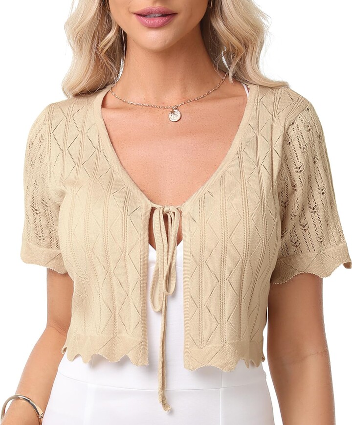 Totatuit Women Bolero Shrugs Summer Short Sleeve Crochet Knitted Cropped Cardigan Ladies Casual Cropped Shrug For Dresses Wedding Evening, Navy Blue, S