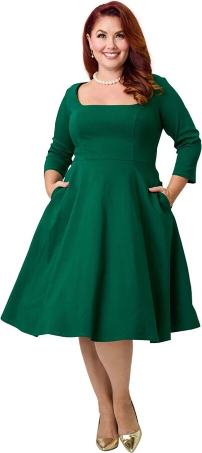 Unique Vintage Plus Size Square Neck Pleated Swing Dress