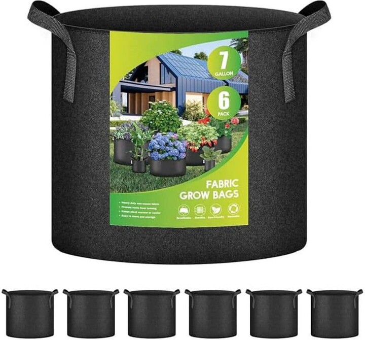 Oyezvary Plant Grow Bag 7 Gallon 6-Pack Black Fabric Pots Nonwoven Aeration with Nylon Handles for Vegetables Fruits Flowers
