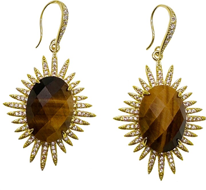 Farra Brown Tiger Eye Stone Setting Dangle Earrings