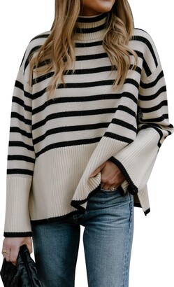 GUNEST Women's Striped Oversized Sweater - Y2K Ribbed Knit Pullover Long Sleeve Crewneck Top