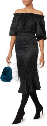 Saloni Feather-Detailed Off Shoulder Dress