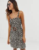 Thumbnail for your product : ASOS DESIGN square neck linen mini sundress with wooden buckle and contrast stitch in leopard print