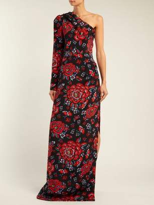Rebecca De Ravenel Rose Print One Shoulder Silk Gown - Womens - Black Multi