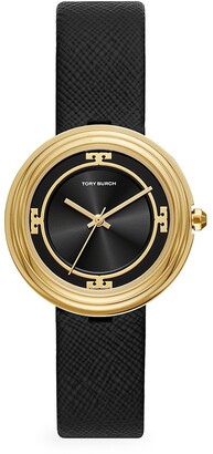 Tory Burch Bailey Goldtone Stainless Steel & Black Leather Strap Watch -  ShopStyle