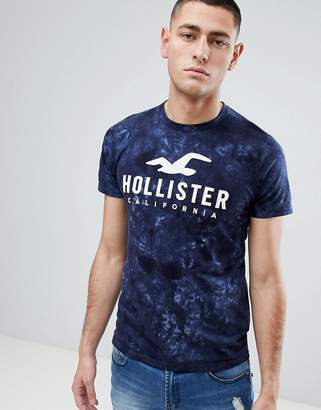 Hollister Iconic Applique Logo Acid Wash T-Shirt In Blue