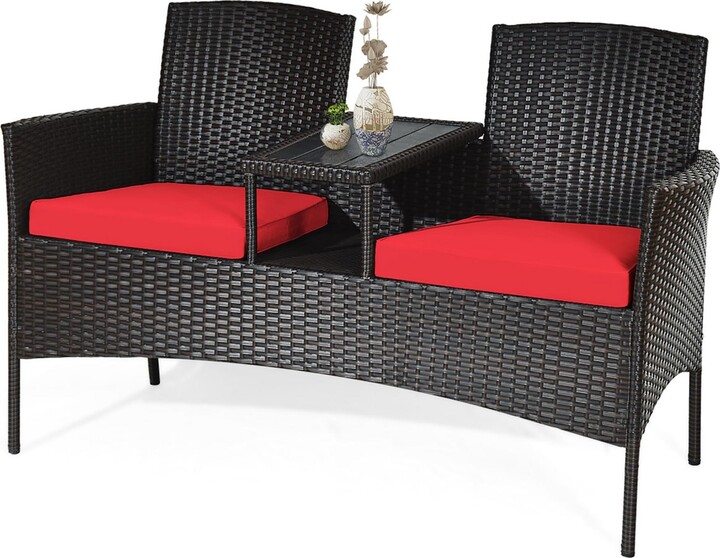 Costway Patio Rattan Loveseat Sofa Cushioned Coffee Table