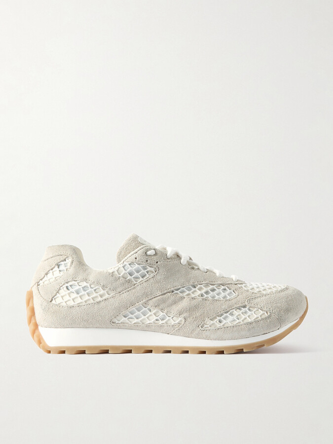 Bottega Veneta Orbit Suede, Leather, Mesh And Fishnet Sneakers - Cream