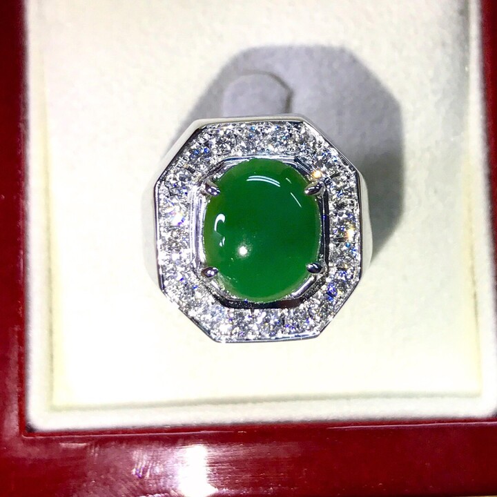 Etsy Reserved 3.88Tcw Burmese Jade & Vs Diamonds in 18K Solid White Gold Ring Unisex Gemstone Burma Chinese Natural Jadeite Gentleman Huge Green