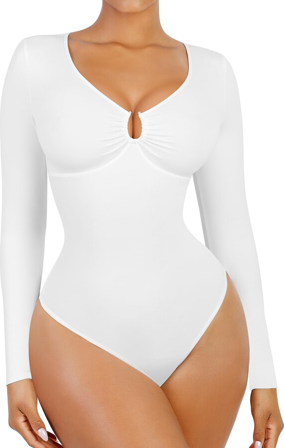 FeelinGirl Bodysuit for Women Deep V Neck U Ring Long Sleeve Body Suits Tummy  Control Thong Shapewear Corset Tops for Going Out （White L） - ShopStyle