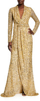 Thumbnail for your product : Badgley Mischka Sequin Long-Sleeve Wrap Gown