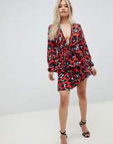 Thumbnail for your product : John Zack Petite plunge front ruffle skater dress in red leopard