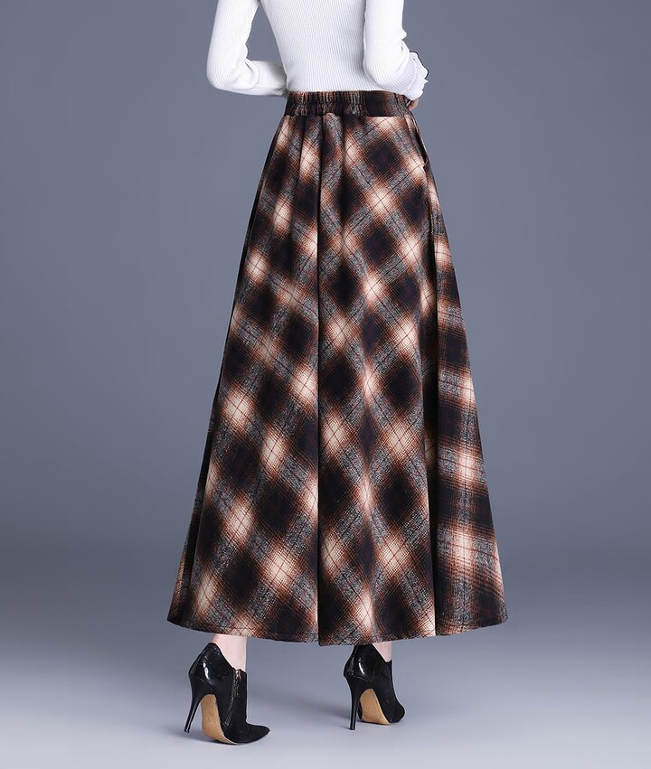 Moviendress Women's Winter Maxi Skirts Long Wool Pleated High