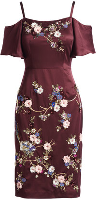 Nanette Lepore Embroidered Cold-Shoulder Silk Satin Dress, Wine/Multicolor