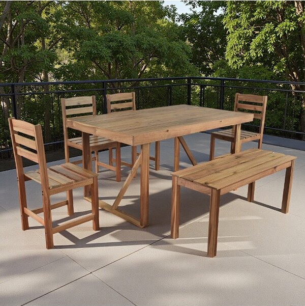 EPOCH VENTS 6-PieceOutdoorPatioAcaciaWoodDiningSetwithRectangularTableBencheChairs