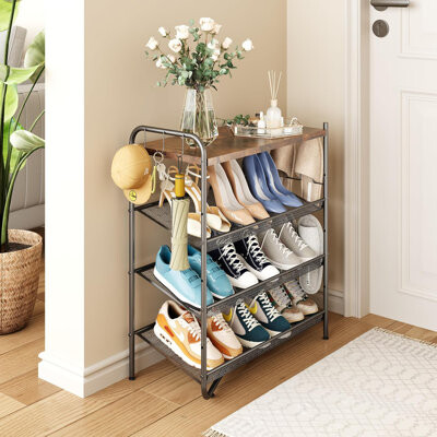 4 Tier Shoe Rack For Entryway Metal Shoe Rack Organizer Holds 15 Pairs Shoes Front Door Shoe Storage With Rustic Brown Wooden Top Vertical Shoe Rack F