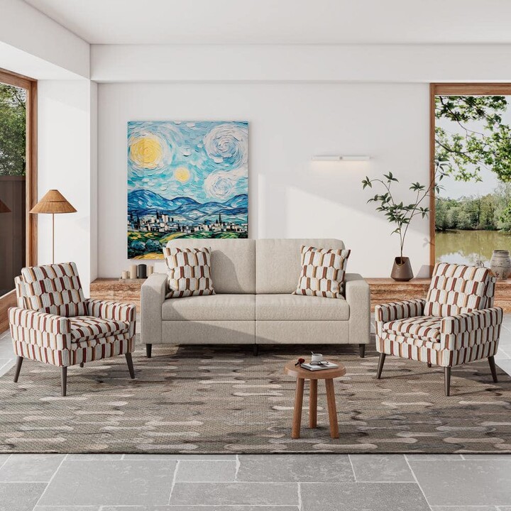 Handy Living Wilmington Mid-Century Modern 3-Piece Textured Sand Boucle and Tan, Cream, Red Stripe Fabric Small Space Living Room Set