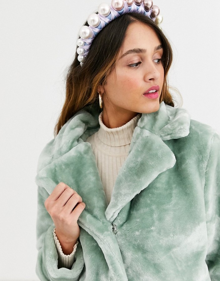 Qed London faux fur coat in mint - ShopStyle