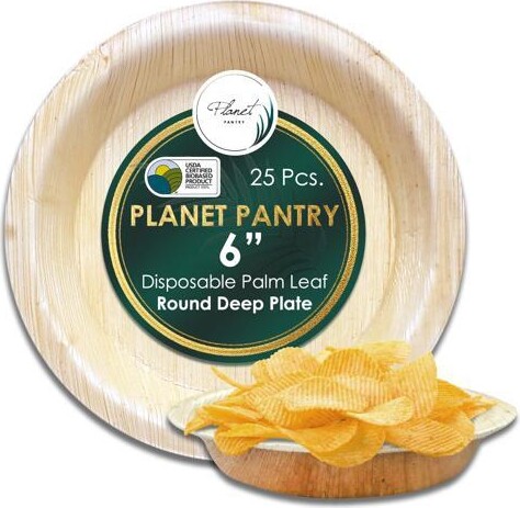 Planet Pantry Disposable Palm leaf 6' Round Deep Plate (25 pcs) Wooden Bamboo-Like Paper and Plastic Alternative Eco-Friendly for Food, Party, Buffet