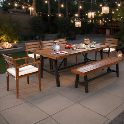 7-piece Outdoor Acacia Wood Dining Set,Ergonomic Chairs And Bench, Thicker Table
