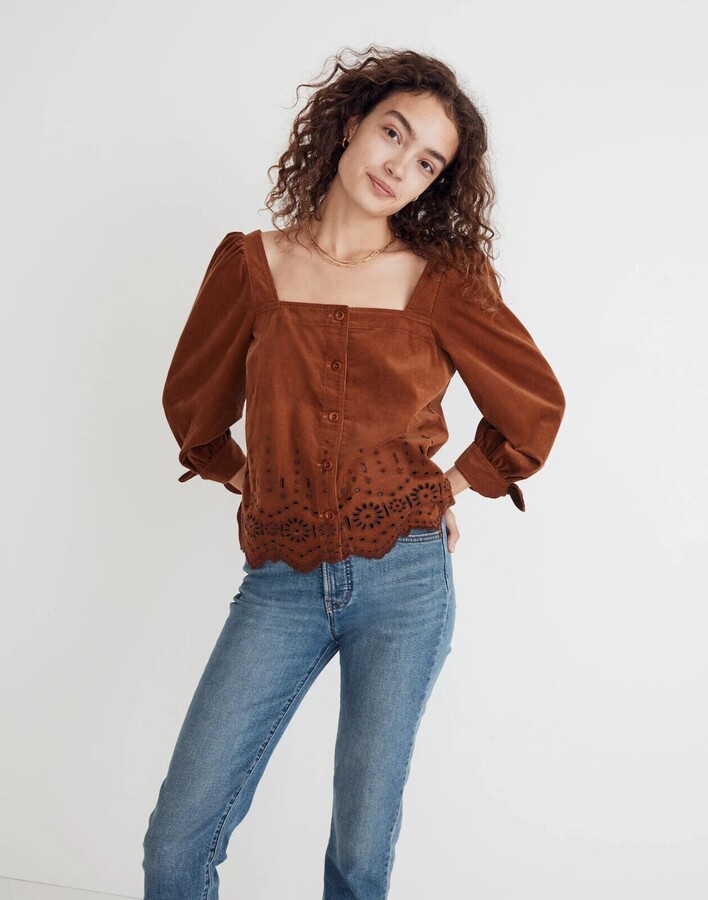 Madewell Women's Top Brown Corduroy Embroidered Eyelet Tie Sleeve ERK977