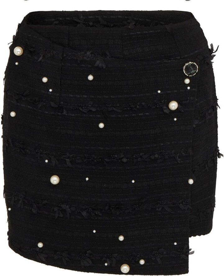 Sour Figs Faux Pearl-Embellished Asymmetric Wrap Skort In Black