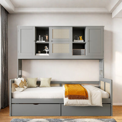 Wooden Daybed With 2 Drawers, All-in-one Cabinet And Shelves And Rattan Design