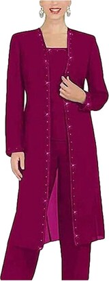 Botong Chiffon Mother of The Bride Pants Suit 3 PC Beaded Wedding Outfits Long Jacket Prom Evening Women Outfits Burgundy UK16