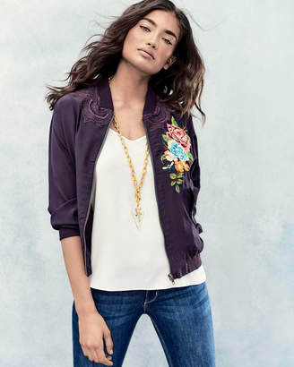 Johnny Was Alice Silk Crepe Embroidered Bomber Jacket, Petite