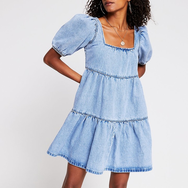 river island blue belted midi denim dress