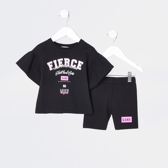 River Island Mini girls Black fierce frill t-shirt outfit