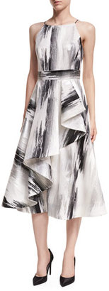 Aidan Mattox Sleeveless Brushstroke-Print Dress w/ Ruffled Skirt