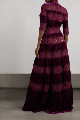 Costarellos Lissie Paneled Velvet And Guipure Lace Gown - Burgundy
