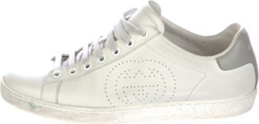 Gucci Leather Low Top Sneakers White Interlocking G Logo Round-Toes with Lasercut Accents Lace-Up Closure at Uppers Designer
