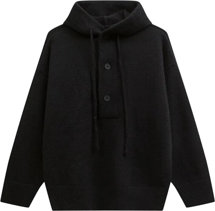 Ownwfeat Men's Vintage Hooded Cardigan Button Down Long Sleeve Slim Fit Casual Knitted Jacket Black