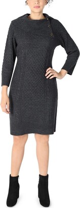 Sandra Darren Long Sleeve Split Button Cowl Neck Sweater Dress
