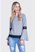 Thumbnail for your product : Select Fashion Fashion Womens Grey Lace Insert Flare Sleeve Cut And Sew Top - size 6