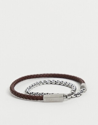 HUGO BOSS men's leather chain double wrap bracelet in black